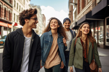 Group of young happy friends walking in the street of the city. Smiling students laughing and having fun togethers