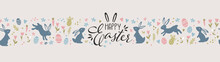 Cute Hand Drawn Easter Seamless Pattern With Bunnies, Flowers, Easter Eggs, Beautiful Background, Great For Easter Cards, Banner, Textiles, Wallpapers - Vector Design