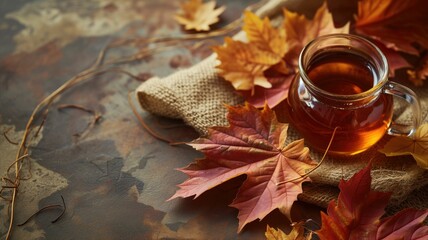 Wall Mural - Warm tea surrounded by autumn leaves, invoking a cozy feeling