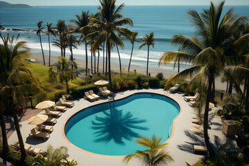 Panoramic holiday landscape. Luxurious beach resort hotel and beach chairs or loungers under umbrellas with palm trees, blue sunny sky. Summer island seaside