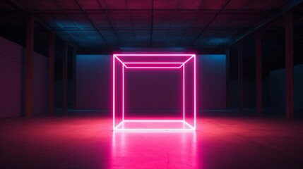 Wall Mural - A huge neon sign in form of cube pointing right in huge empty dark space