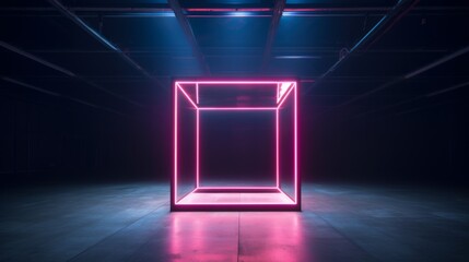 Wall Mural - A huge neon sign in form of cube pointing right in huge empty dark space