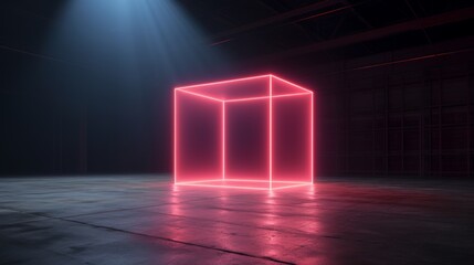 Wall Mural - A huge neon sign in form of cube pointing right in huge empty dark space