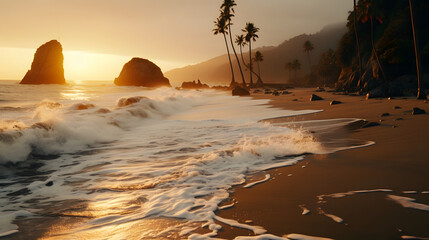 Wall Mural - Sunset or sunrise orange landscape view of the coast