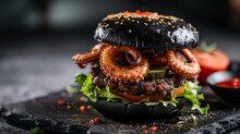 Black burger with fried octopus and vegetables