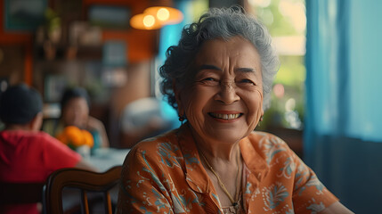 Wall Mural - smiling portrait of a happy senior latin or mexican woman in a nursing home, 