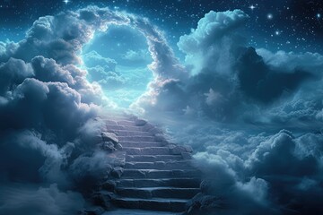 Wall Mural - night sky with stairs and stars. an endless path