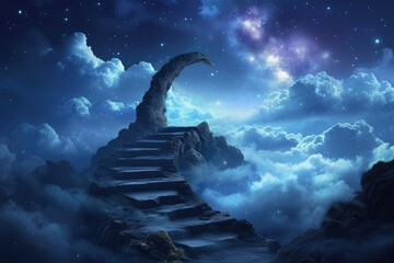Wall Mural - night sky with stairs and stars. an endless path