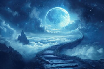 Wall Mural - night sky with stairs and stars. an endless path