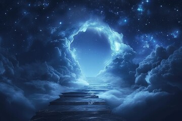 Wall Mural - night sky with stairs and stars. an endless path