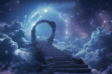 Wall Mural - night sky with stairs and stars. an endless path