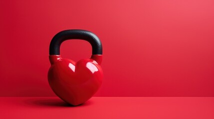 Wall Mural - Kettlebell in the shape of a heart on red background for Valentine's Day, birthday, anniversary, wedding. Healthy fitness flat lay composition, gym workout concept, copy space