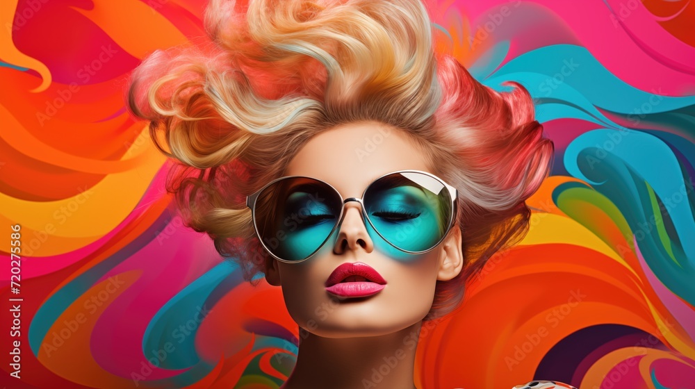 Surreal portrait of a woman with blue eyeglasses Abstract photo in colorful pop art collage style for hair beauty salon advertising