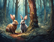 Illustration von zwei Hasen im Wald auf einem Weg stehend wie in Unterhaltung Freunde zusammen gemeinsam, natürlicher Hintergrund mit leicht unscharfen Elementen als Banner Gestaltung Design Vorlage