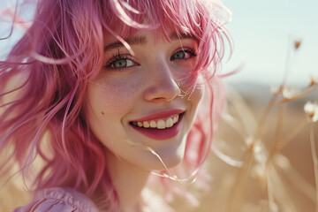 Happy Young Woman with Pretty Hair and Attractive Smile, Posing Outdoors in a Green Park with Purple and Pink Flowers in Background