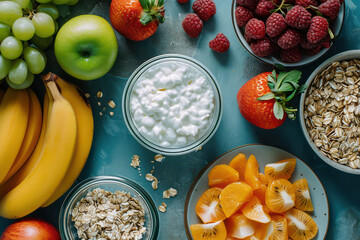  Healthy Breakfast Bowl with Fresh Fruits, Granola, and Yogurt, on a White Table with a Rustic Background.