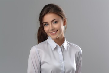 A confident woman in a perfect white shirt, radiating friendliness with a warm smile against a clean white backdrop. Generative AI.