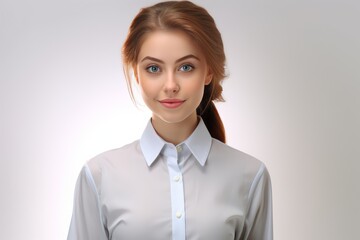 a modern woman dons a crisp white shirt, exuding confidence and warmth with a charming smile against a neutral white canvas. Generative AI.