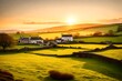 A rustic rural landscape in Northern Ireland, showcasing vast green fields bordered by ancient stone walls, scattered with quaint cottages and grazing sheep