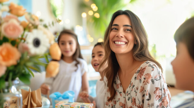 smiling latino woman in her 30s with three kids at home candid shot. happy mothers day or birthday c