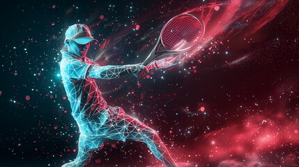 Abstract tennis player in motion with cybernetic particles. Blue triangle thin line mesh spheres. Futuristic technology style. 