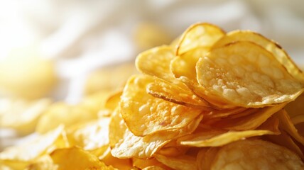 Close-up of stacked golden potato chips with texture