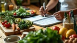 Fototapeta Kuchnia - Person writing a meal plan surrounded by fresh vegetables and utensils