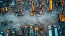 Machinery Power: Witness The Power Of A Construction Fleet In Action, As Birds-eye View Unveils Bulldozers, Excavators, And Dump Trucks Ready To Transform The Landscape With Industrial Progress.


