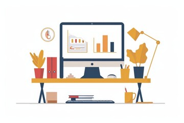 Poster - A sleek and modern computer sits on a clutter-free desk, adorned with artistic illustrations and clipart, creating a visual masterpiece of design