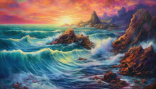 A Vibrant Coastal Scene With Rocky Cliffs And Crashing Waves Against A Colorful Sky.