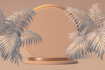 Poster - 3D beige minimal composition with abstract palm for mockup products display. Stage showcase on pedestal display beige studio