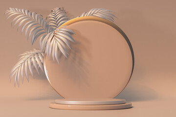 Poster - 3D beige minimal composition with abstract palm for mockup products display. Stage showcase on pedestal display beige studio