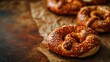 Delicious golden-brown pretzels with sesame seeds on baking paper