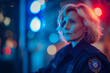 Mulher policial de meia idade com luzes de sirene ao fundo 