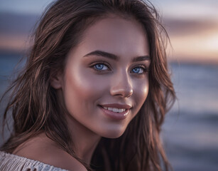 A beautiful woman stands on the seashore.

