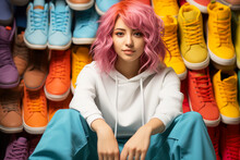 A Young Girl With Pink Hair, Wearing A White Hoodie Against The Backdrop Of Shoes.