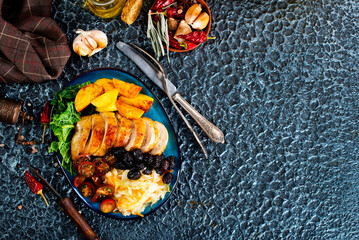 Poster - Grilled chicken breasts with French fries and vegetables