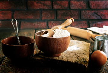 Canvas Print - Fresh ingredients for delicious homemade cake on white wooden table