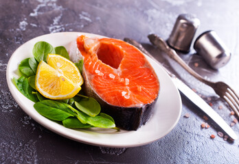 Canvas Print - Salmon. Fresh raw salmon fish fillet with cooking ingredients