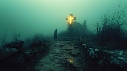 Wall Mural - Luminous Cross with a man standing in front of it. Dark, foggy landscape.