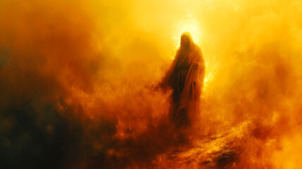 Wall Mural - Silhouette of Jesus Christ on the background of yellow smoke.