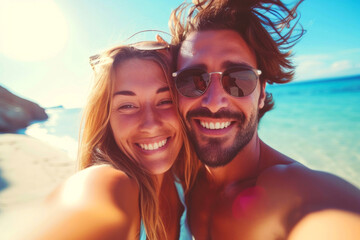  Smiling couple taking selfie with smartphone on beach summer. Holidays, vacation, travel and people concept.