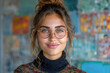 Portrait of a beautiful young woman with freckles and glasses