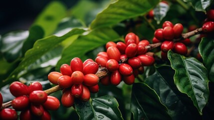 Wall Mural - Coffee berries bunch red on leaves green and branch, 