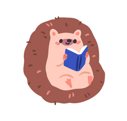 Poster - Cute hedgehog reading book. Funny baby animal, happy reader. Kawaii adorable forest character studying, learning, relaxing. Kids fairytale flat vector illustration isolated on white background