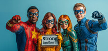 Superheroes Together Holding 'Strong Together' Sign