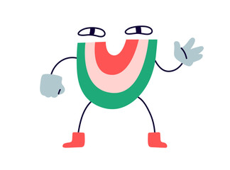 Poster - Funny comic fiction character. Cute happy smiling rainbow, greeting, waving with hand. Creative whimsical amusing creature. Kids flat graphic cartoon vector illustration isolated on white background