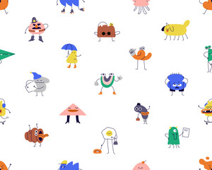 Poster - Funny comic characters, seamless pattern design. Cute cartoon fun shapes, endless background, creative humor print, doodle texture for textile, fabric, wrapping. Flat graphic vector illustration