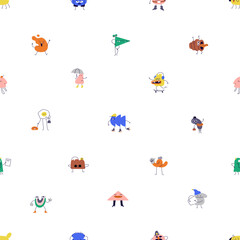 Poster - Funny characters, seamless pattern. Cute comic fancy cartoon shapes, repeating print. Endless fun doodle background, kids texture design for wallpaper, wrapping. Colored flat vector illustration