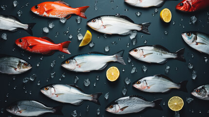 Wall Mural - Variety of fresh raw fish with vegetables and spices. Marine restaurant menu concept. Seafood assortment. Generative AI